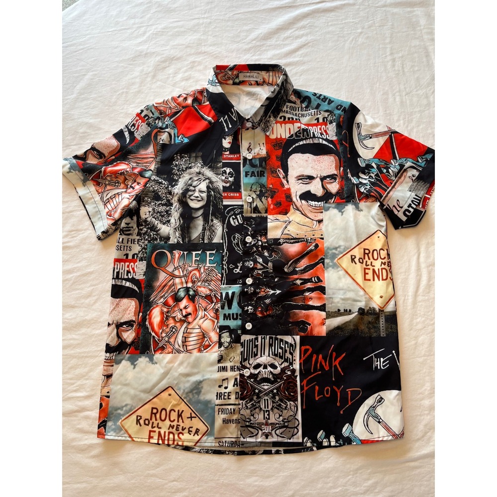 HAWALILI Mens M Rock Band Collage Short Sleeve Button‎ Up Shirt Graphic Print